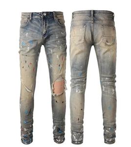 Jeans masculinos empilhados europeu roxo jean homens bordados acolchoados rasgados para tendência marca vintage calça masculina dobra slim skinny fashion sstraight
