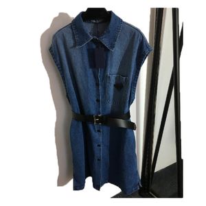 New Designers damesjurk driehoek zak riem taille revers mouwloze denim Casual Hip Ho jurk Streetwear