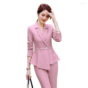 Kvinnors tvåbitar byxor Ladies Office Work Wear Suits Elegant Pink Long Sleeve Autumn Winter Pantsy med och jackor Coat Professional