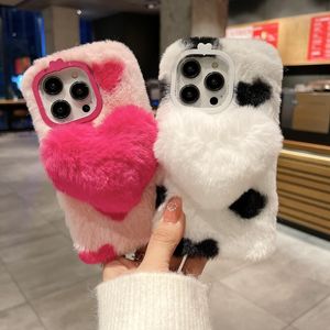 Casos de pele fofa de coração de amor 3D para iphone 14 pro max 13 12 11 xr xs x 8 7 plus moda macio tpu animal arco laço genuíno cabelo de coelho bonito adorável telefone de volta capa de pele