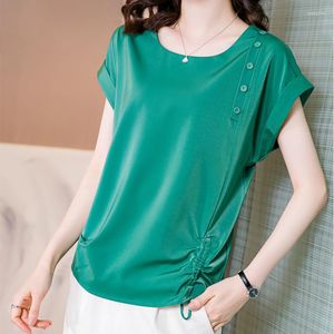 Kadın Tişörtleri 2023 Üst düzey Saten İpek T-Shirt Gevşek Kısa Kısa Kollu İnce Düz Renk Üst Koreli Vintage Street Giydirme
