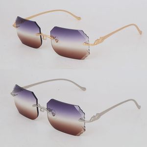 Fashion Metal Rimless Solglasögon för kvinnor Designer Diamond Cut Sun Glasses Protection Outdoor Design Gold Cheetah Series Solglasögon Optisk storlek 60-18-135mm