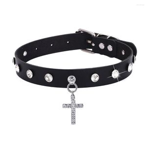 Choker Crystal Cross Necklace For Women Girls Black Leather Rhinestone Chocker Collar Party Jewelry Gothic Fashion Accessories