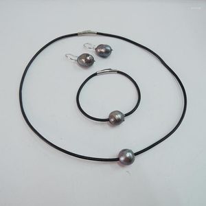 Collana Orecchini Set GIOIELLI DI PERLE D'ACQUA DOLCE BRACCIALETTO ORECCHINI-orecchino d'ARGENTO 925 Barocco nero E Corda in pelle Bella chiusura