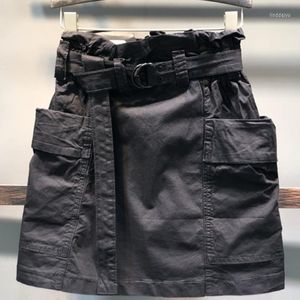 Skirts Casual Safari Style Denim Skirt Summer Women Elastic High Waist Large Pocket Jeans Short A-line