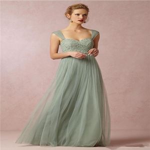 2020 New Sage Green Princess Long Bridesmaid Dresses Spaghetti Strap Lace Tulle A Line Girls Formal Wedding Party Gown Prom Evenin248i