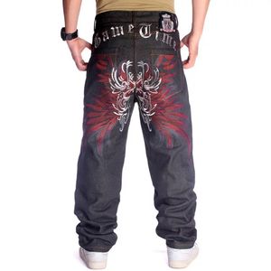 Men's Jeans Plus Size Waist 30- Inch Skateboard Mens Jeans Wide-Leg Loose Hip Hop Embroidered Flower Wings Male Denim Pants Trousers 230302