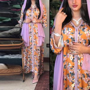 Etniska kläder satin maxi klänning för kvinnor elegant blommig broderi förgyllning jalabiya muslimska dubai arabiska marockanska kaftan mantel orange