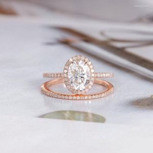 Cluster-Ringe aus massivem 14-karätigem Roségold in der Mitte, 1,5 ct, 6,8 mm, Ovalschliff, Moissanit-Brautring-Set, halbe Ewigkeit