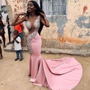 Sexy Mermaid Black Girl Long Prom Dresses Senza maniche Girocollo Corpetto trasparente Abiti da sera africani Jersey Custom Made New