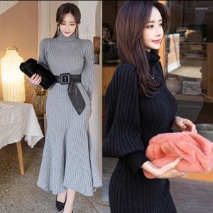 Casual Dresses Long Sweater Dress Women's Autumn and Winter High-Neck Lantern Sleeves Fishtail Sticked