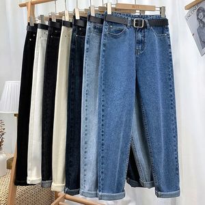 Jeans feminino xpqbb verão alta cintura jeans lavados casuais calças de harém feminino sólido simples com calças de jeans do aluno de cinto 230303