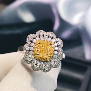 Cluster Rings H616 Fine Jewelry Real 18K 0.88ct Facny Light Yellow Diamond Wedding Engagement Female For Women Diamonds Ring