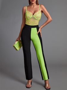 Set di pantaloni a due pezzi da donna e body verde 2 pezzi eleganti abiti estivi per feste da club in pizzo sexy 230302