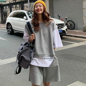 Kvinnor s Two Piece Pant S Tracksuits Summer Fake Two Outfit Grey Oversize T -shirt och Sporting Short Solid Color Streetwear Sweat Sets 230302