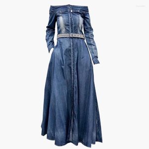 Casual Dresses Women Flower Embroidery Slash Neck Long Denim Jeans Dress Vintage Off Shoulder A-line