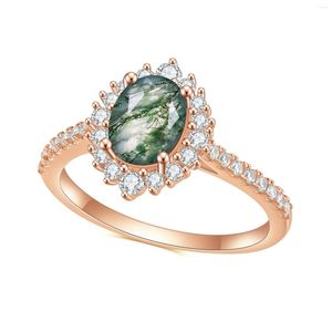 クラスターリングジェムズバレエズシルバーリング1.19ct 6x8mm楕円形の楕円形の舗装モスアゲートエンゲージメント925スターリング