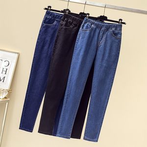 Kvinnors jeans kläder 5xl 6xl kvinnors elastiska höga midja magra jeans mode casual kvinnor svart/ blå mamma jeans mager stretch denim byxor 230303