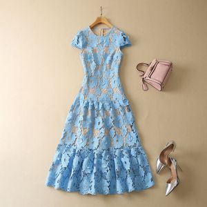 2023 Spring Pink / Blue Paneled Floral Lace Dress Cap Sleeve Round Neck Holow Out Midi Casual Dresses S3M020202 Plus Size XXL