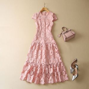 2023 Pink / Blue Paneled Floral Lace Dress Cap Sleeve Round Neck Holow Out Midi Casual Dresses S3M020302 Plus Size XXL