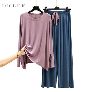 Frauen Nachtwäsche Icclek Winter Frauen -Pyjamas Set modal Baumwoll lange Ärmel runden Hals Lose Hauswaren Herbst Hosen Casual Wear 2 -Stück Sets 230303