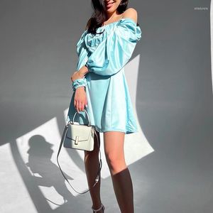 Casual Dresses French Vintag Silk Satin Dress Sexy Off Shoulder Puff Long Sleeve Mini Elegant Women Fashion A-Line Party Vestidos