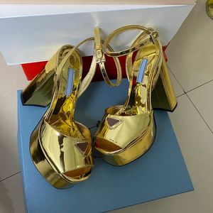 Golden Mirror Skórzowe sandały prawdziwe jedwabne platforma z otwartymi palcami gęste sandały na wysokich obcasach damskie luksusowe designerskie buty gumy wieczorowe buty zapatos mujers