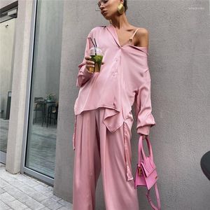 Women's Two Piece Pants Sets Womens Outifits Y2K Clothes Autumn Office Lady Wide Leg Pans Irregularity Lapel Suits Casual Loose Satin
