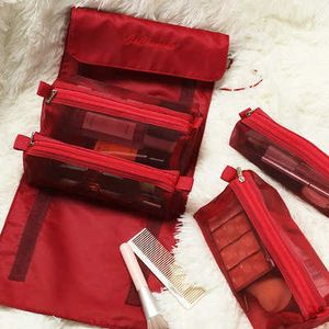 Kosmetiska väskor Fall 4st i 1 kosmetisk väska för kvinnors dragkedja Mesh Separabel Cosmetics Pouch Ladies Foldbar Nylon Bag Rope Makeup Bag Kosmetyczka