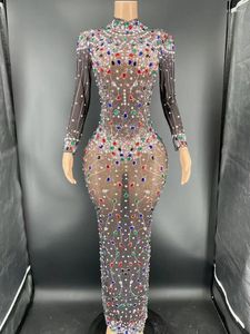 Stage Wear Sexy See Through Bodycon Long Dress Sparkly Crystal Women Sleeve Celebrate Birthday Party Performance Costume