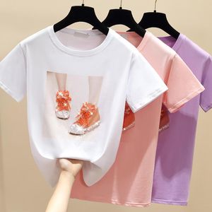 Women's T Shirts Beading Shoes Print Pink Shirt Summer Short Sleeve Women Top White Tshirt Cotton Korean Style Clothes