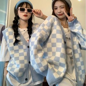 Women's Knits & Tees Korean Sweater Jacket Women 2023 Fall Clothes V-neck Long Sleeve Fashion Plaid Tops Loose Casual Knitted Oversized Card