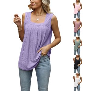 Ärmelloses, fließendes Tank-Top mit quadratischem Ausschnitt für Damen und Blusen mit ausgehöhlten Ösen, einfarbig, plissiert, abgerundeter Saum, lockere Tunika-Shirts