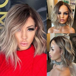 Loose Wavy Lace Front Wig Ash Brown Blonde Highlight Human Hair Bob 13x4 Frontal Ombre Dark Roots Virgin 180%