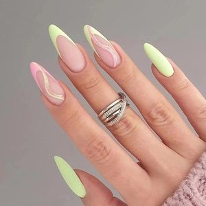 False Nails French Yellow Pink Line Design Glitter Detachable Wearable Full Cover Nail Tips Press On Fake With WaveFalse