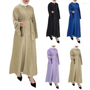 Ethnic Clothing Robe Femme Musulmane Fashion Solid Color Trumpet Sleeve Cardigan Beading Splicing Dress Oppen Abayas For Women Turkish Tunic