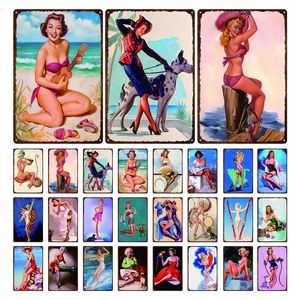 Sexy Pin Up Girl Vintage Metal Painting Decor Poster Metal Sign Iron Painting Wall Decor Art Picture Tin Sign Man Cave Bar Home Decoration Gift 30X20cm W03