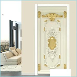 Neuheit Artikel 3D Luxus Home Decor Tür Aufkleber Europäischen Stil Goldene Blumen Wandbild Tapete Wohnzimmer Schlafzimmer Selbstklebende Poste Dhmfb