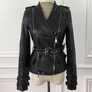 Design de couro feminino PU Motocicleta Jaqueta Mulheres Zipper V-Sleevada Longa