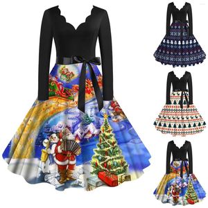 Abiti casual Natale Vintage Goth Dress Natale da donna Stampa multicolore Manica lunga Scollo a V con cintura Altalena Cocktail Party Vestido