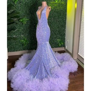 Sparkly Purple Mermaid Prom Dress Pissined Ruffles Backless Party Evening Dress Vestidos de Fiesta Elegantes Para Mujer 2023