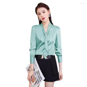 Kvinnor BLOUSES KVINNA CHIFFON SHIRT Kvinnor Långärmad design Streamer Spring 2023 Fashion Temperament Satin Office Ladies Work Tops