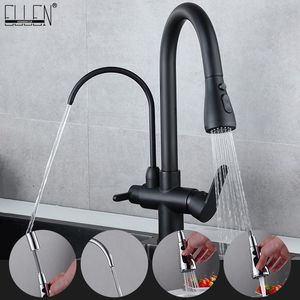 Kitchen Faucets Deck Mounted Black Pull Out Cold Water Filter Tap For Three Ways Sink Mixer Faucet ELK9139B