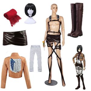 Anime Costumes Attack på Titan Mikasa Ackerman Cosplay Come Wig Shoes Scarf Leather Shorts Harness Belt Förklädet Kjol Scoutering Legion Cape Z0301