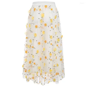 Skirts Yellow 3D Flower Lace Skrit Women High Waist Mesh Elegant Midi Tulle Skirt Sweet Cute Student