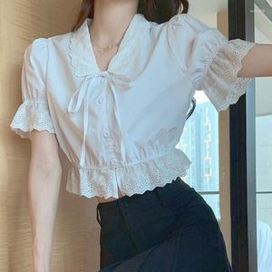 Kvinnors blusar Sommarkvinnor kawaii blus söt casual bubble hylsa spets söt elegant koreanska kläder rävig vit chic parti grödor