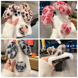 iPhone 15のケース14 Pro Max 13 12 11 X XS XR 8 7 Plus 3D Ear Leopard Furかわいい素敵なキラキラダイヤモンド本物のウサギの髪のかわいい弓弓の女の子ソフトTPU動物のふわふわカバー