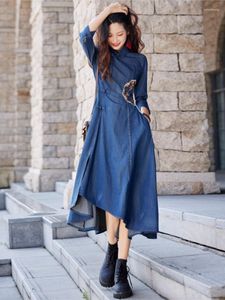 Sukienki swobodne qpfjqd panie lrregularne bawełniane chiński styl niebieski dżinsowy sukienka 2023 Kobiet Autumn Spring Retro Haft luźne