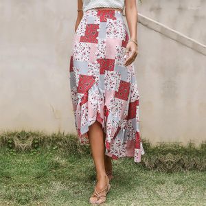 Saias estampa floral longa maxi verão boho saia feminina moda 2023 Irregular Split xadrez high sun embrulhando uma linha praia fêmea feminina