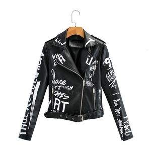 Women's Jacket Autumn Winter Faux Soft Leather Coats Lady White Black Pu Rivet Zipper Epaulet 3D Print Motorcykel Streetwear 230302